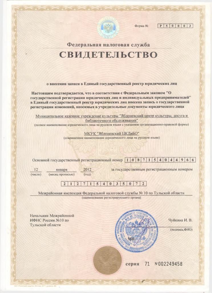 Свидетельство о внесении записи в Единый государственный реестр юридических лиц